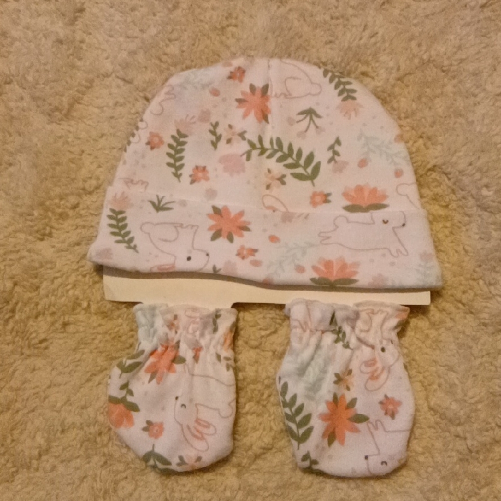 🌻5/$10 Floral Bunny Print Baby Hat and Mittens Set